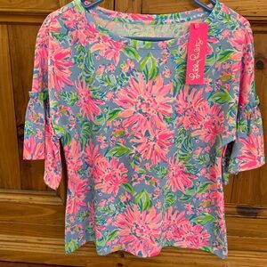 Lilly Pulitzer Pink & Blue Floral Ruffle-Sleeve Top
